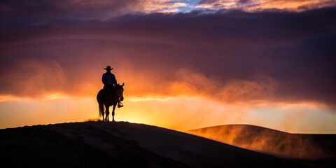 Silhouette of a cowboy on horseback against a breathtaking sunset in a desert landscape