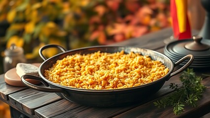 Traditional Spanish paella in a bronze pan with saffron-infused rice, set against rustic autumn foliage.