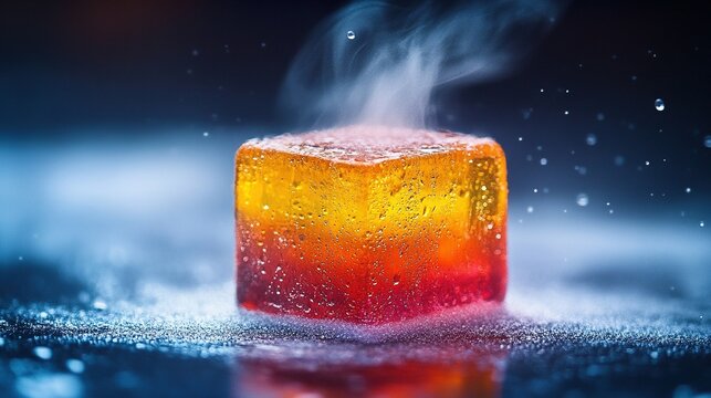 Colorful ice cube melting with visible vapor on a dark surface. - Powered by Adobe