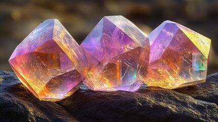 Obraz premium Three iridescent crystals sit on a dark textured surface in soft lighting.