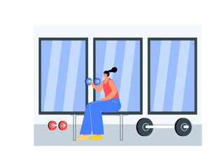 Woman lifting barbell with one hand while sitting. Fitness vector illustration. Flat illustration concept.