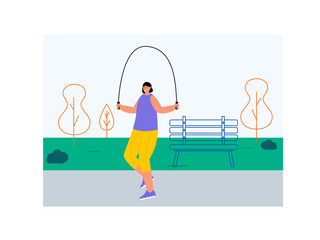 Young female athlete doing jump rope. Outdoor sport. Fitness vector illustration. Flat illustration concept.