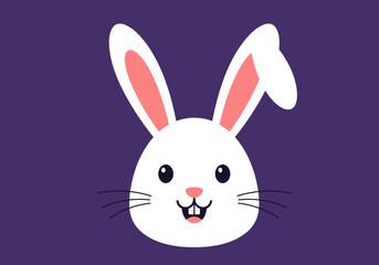 Obraz premium Delightful cartoon white rabbit head with long ears and sweet expression isolated on a vibrant purple background, perfect for spring, Easter, and children's themes, symbolizing joy and innocence.