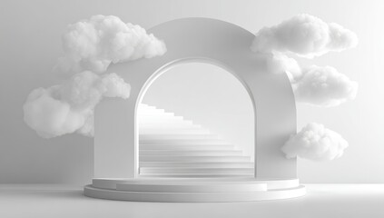White archway stairs, clouds, platform; product display, dreamlike setting