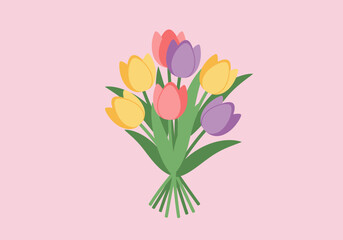 A beautiful bouquet of colorful spring tulips. Flat vector illustration of yellow, pink, and purple flowers on a pink background.
