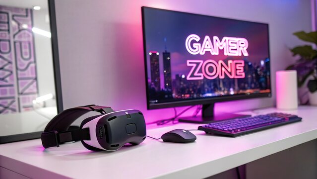 Gaming setup with computer, vr headset, keyboard and mouse on a desk - Powered by Adobe