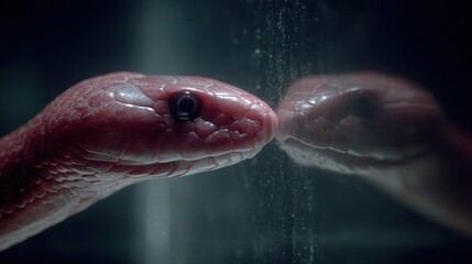 Fototapeta premium Ghost mirror through the worm kiss concept. Close-up of a snake reflecting in a glass, showcasing its texture.