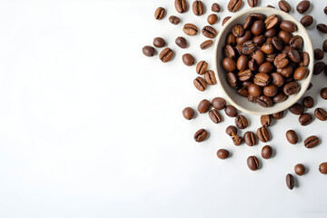 Coffee Beans in Bowl Overhead Flat Lay on White Background