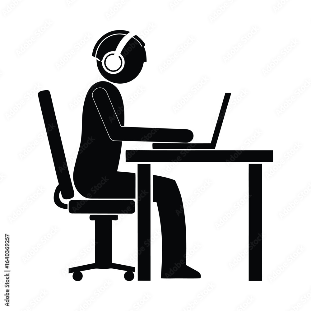 Poster flat bold vector icon of a businessman using a laptop for coding, office work, or remote jobs.