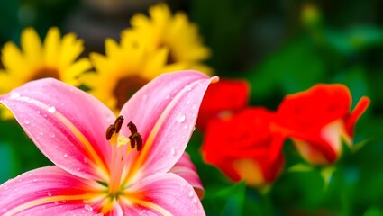 Fototapeta premium Floral Beauty Vibrant Lily Amidst Sunflowers and Roses in a Lush Garden