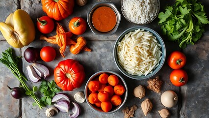 Top-down arrangement of vibrant Asian food ingredients on a rustic stone surface, showcasing Vietnamese and Thai cuisine.