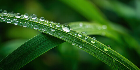 Close up of green grass blades with dew droplets, showcasing nature beauty and freshness. vibrant green color and water droplets create serene and refreshing atmosphere