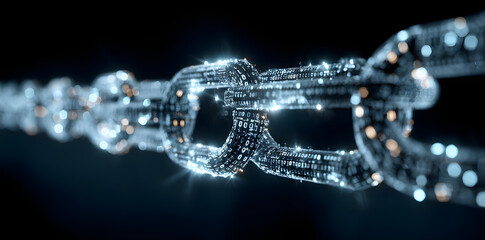 3D render of blockchain chain with binary code, symbolizing digital security and technology. glowing links represent connectivity and innovation in digital world