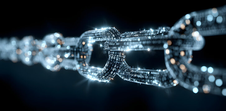 3D render of blockchain chain with binary code, symbolizing digital security and technology. glowing links represent connectivity and innovation in digital world
