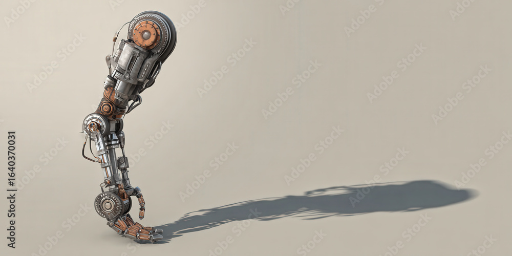 Poster mechanical robot leg with intricate details casts shadow on gradient background, showcasing advanced