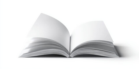 Open blank book with white pages lies on white background, casting soft shadow. minimalistic design emphasizes simplicity and potential for creativity or learning