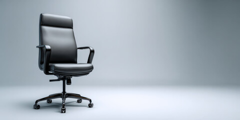 Sleek, modern office chair with high backrest and armrests is isolated on neutral gradient background, exuding professionalism and comfort