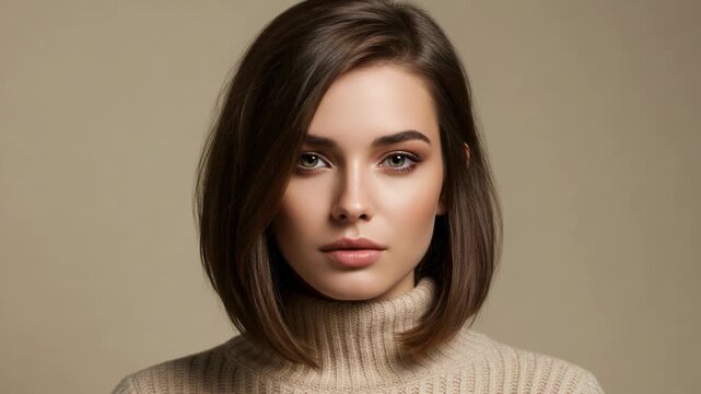 Beautiful young woman with bob haircut and turtleneck sweater