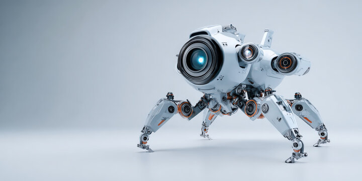 Futuristic robot drone with camera lens and mechanical legs on white background, showcasing advanced technology and innovation. design is sleek and modern, evoking curiosity