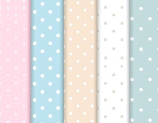 Gentle pastel polka dot patterns in pink, blue, beige, white and soft mint hues creating a subtle