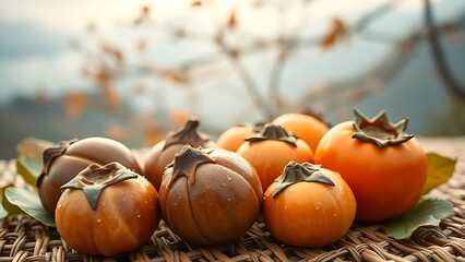 Glossy chestnuts and persimmons on a bamboo mat with misty mountains in the background, evoking autumn serenity.