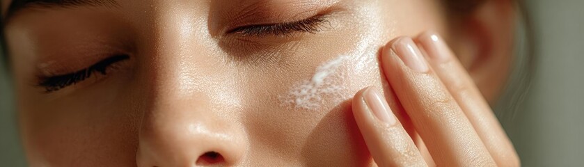 Fototapeta premium Puffy treatment for cold and irritation concept. Woman applying cream to her face, promoting skincare routine.