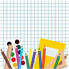 school supplies on chequered paper sheet, social media back to school post template, new academic year or semester poster mockup, education flat style vector frame