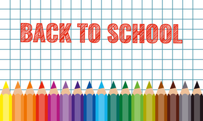 back to school social media post template, colorful pencils horizontal row on white chequered paper sheet, new academic year or semester poster mockup
