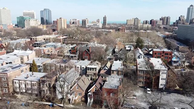 Chicago Hyde park winter early spring aerial drone shot