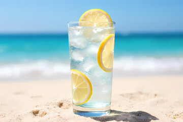 A glass of iced lemonade with slices of lemon and ice cubes on a summer beach