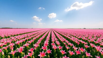 Naklejka premium Stunning expansive panorama of a blooming pink flower field under a bright blue sky, showcasing vibrant rows of blossoms in springtime natural beauty.