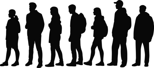 Silhouette of people standing in line, queue, waiting, group, outdoor scene, vector illustration, men and women, backpack, casual clothing