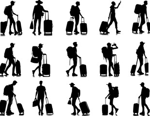 Collection of vector sketches of silhouette illustrations of traveler backpacker adventurers with luggage designs