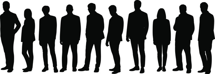 Silhouettes of business people standing in a row, corporate team, formal attire, office workers, teamwork concept, vector illustration, isolated background