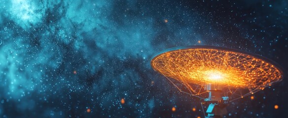 Astronomy. Abstract mash line and point radio telescope on white background with an inscription. Starry sky or space, consisting of stars and the universe. 