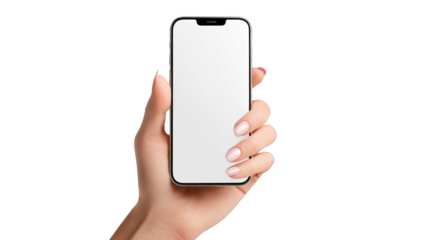 A hand holding a white cell phone