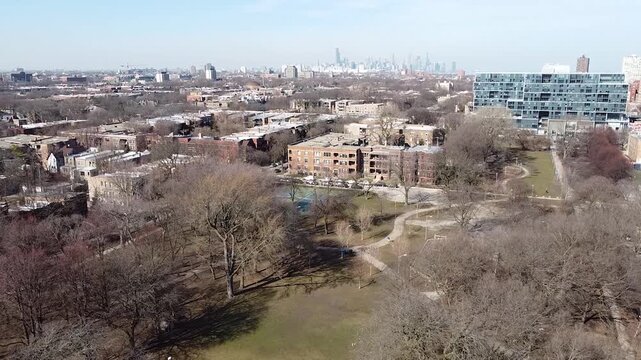 Chicago Hyde park winter early spring aerial drone shot