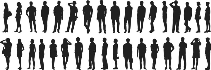 Silhouettes of diverse people standing, walking, posing, men and women, casual clothing, vector illustration, crowd concept, human figures, black shadows, group diversity, isolated on white background