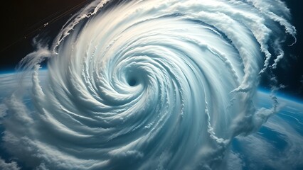 Dramatic hurricane formation viewed from space, showcasing swirling clouds over the ocean.