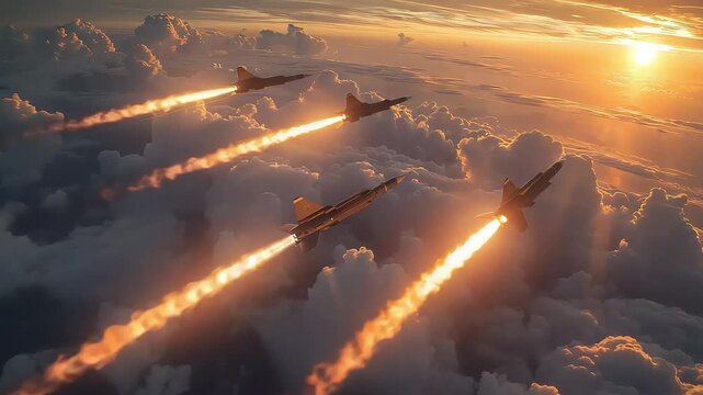 view of several ballistic missiles in the sky footage