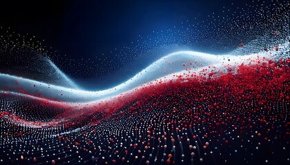 Abstract red and white particle waves on a blue background. This dynamic data flow represents technology, big data, and national themes for flags