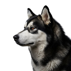 Obraz premium A close-up shot of a striking husky dog, showcasing its beautiful features and expressive eyes. The dog's fur is a mix of black and white, with a regal posture