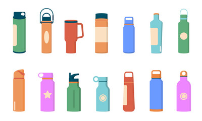 Tumblers with cover, travel thermo mugs, reusable cups for hot drinks. Different designs of thermos for take away coffee. Set of isolated vector illustrations in flat style on white background