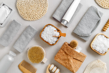 Natural spa, wellness, bath accessories as minimal flat lay pattern, sea salt flakes in wooden...