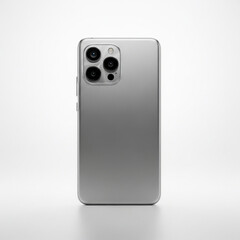 Silver smartphone, back view, isolated on bright white background