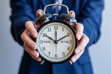Alarm clock with work retire text, retirement planning countdown, financial time management and career choice.