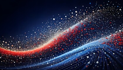 Abstract red, white, and blue particle streams flow in a dynamic wave. This technology background represents big data, communication, and patriotic themes for nations like Indonesia or the USA.
