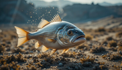 Striking Fish Out of Water on Desert Landscape with Sun Rays