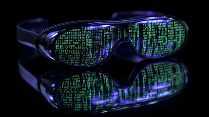 Floating VR headset with glowing matrix code reflections on dark background with neon highlights. Futuristic tech aesthetic showcasing immersive virtual reality, innovation,cutting-edge digital design