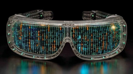 Floating VR headset with glowing matrix code reflections on dark background with neon highlights. Futuristic tech aesthetic showcasing immersive virtual reality, innovation,cutting-edge digital design